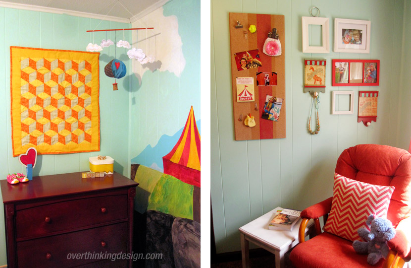 Two photos showing details shots of the circus-themed baby room